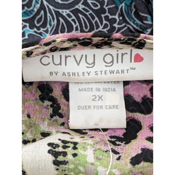 Ashley Stewart Curvy Girl 2X Blouse Animal Print Chiffon SurpliceRuffle HiLo NEW - Picture 2 of 14